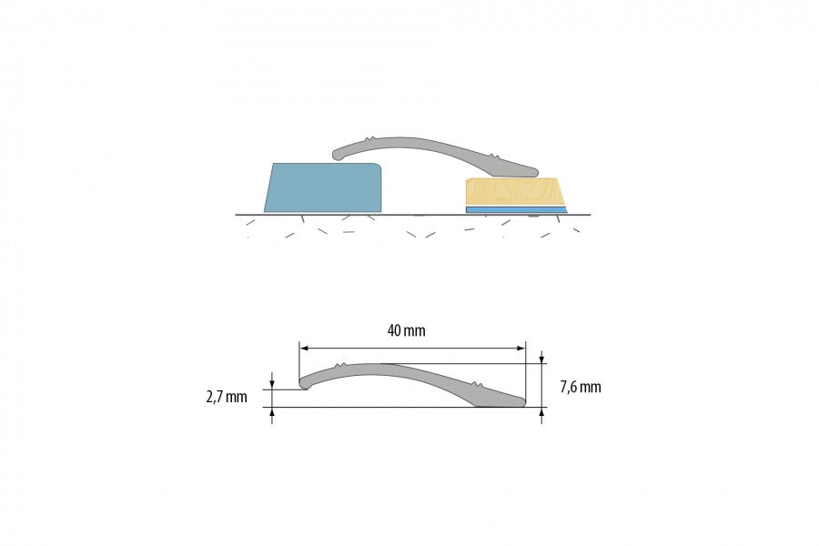Овальный пороговый профиль, выравнивающий, приклеенный, алюминиевый, анодный, 40 мм, 1 м, серебристый