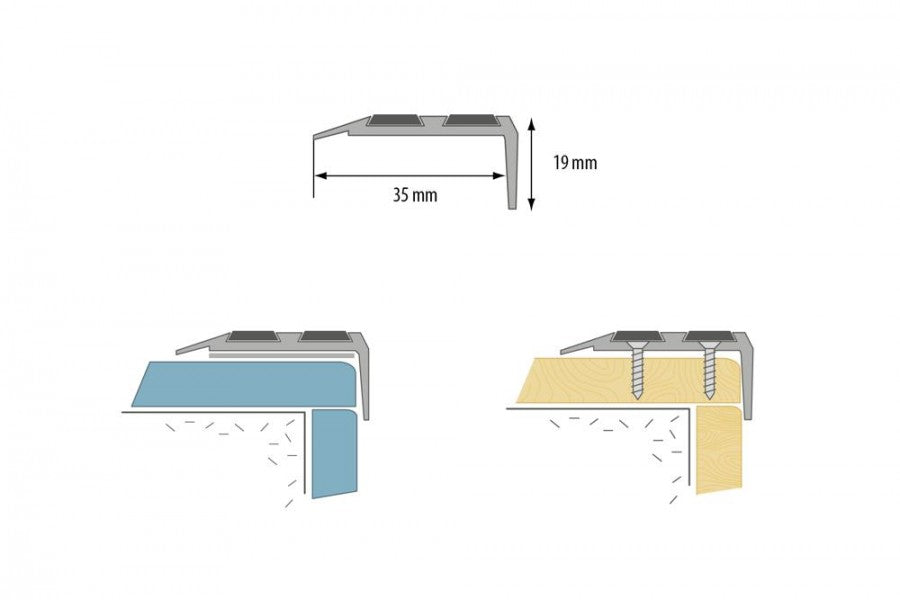Wide aluminum stair profile 35x19.5mm with narrow Cezar Gold Matte cover 1m
