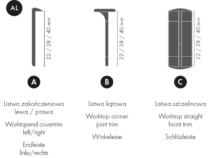 Алюминиевая планка для столешницы, левая сторона, 22 мм, Cezar Silver Matte, 0,62 м