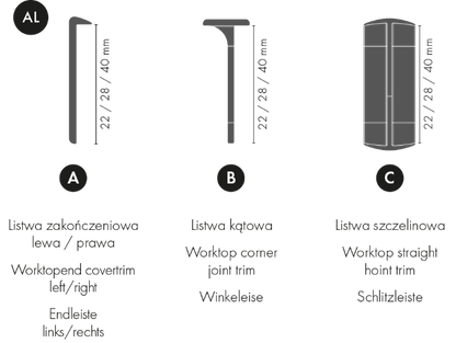 Listwa do blatu aluminiowa boczna lewa 40mm Cezar Szampan Mat 0,62m