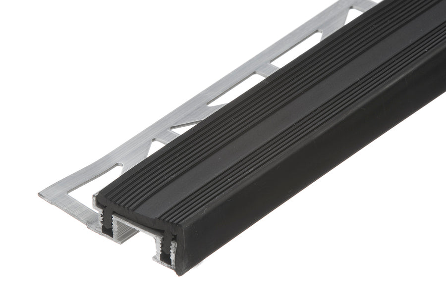 Profil schodowy z czarną nakładką gumową PODKŁAD aluminium naturalne 2,5m Srebrny