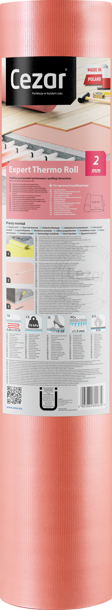 Podkład pod panele rolka 1,1x15m=16,5m2 gr. 2,0mm Cezar Pomarańczowy
